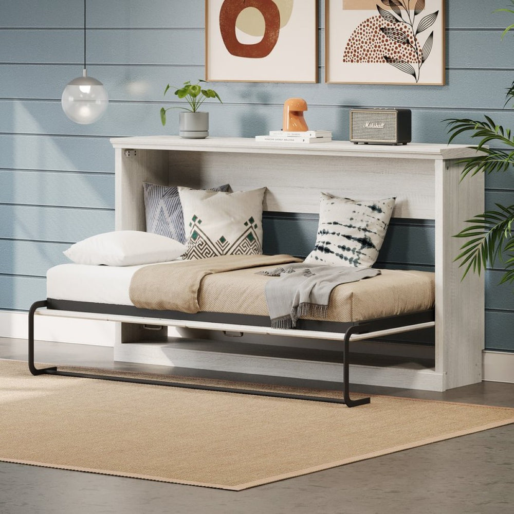 English Elm Twin Horizontal Murphy Bed Rustic White Cabinet with Dual Piston Lift for Guest Rooms BS701P355057K