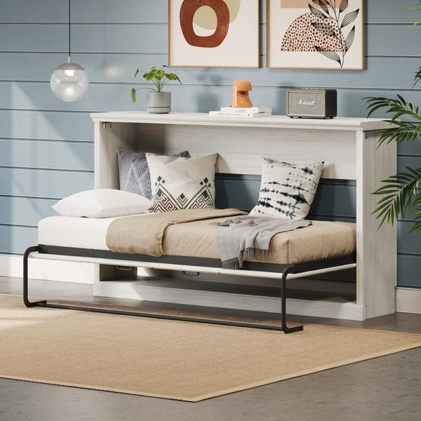 English Elm Twin Horizontal Murphy Bed Rustic White Cabinet with Dual Piston Lift for Guest Rooms BS701P355057K
