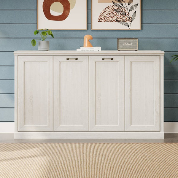 English Elm Twin Horizontal Murphy Bed Rustic White Cabinet with Dual Piston Lift for Guest Rooms BS701P355057K
