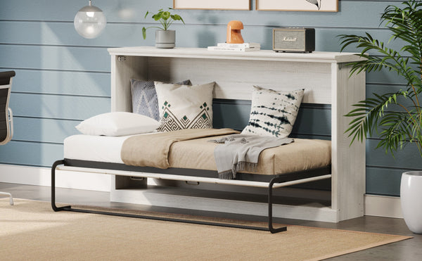 English Elm Twin Horizontal Murphy Bed Rustic White Cabinet with Dual Piston Lift for Guest Rooms BS701P355057K