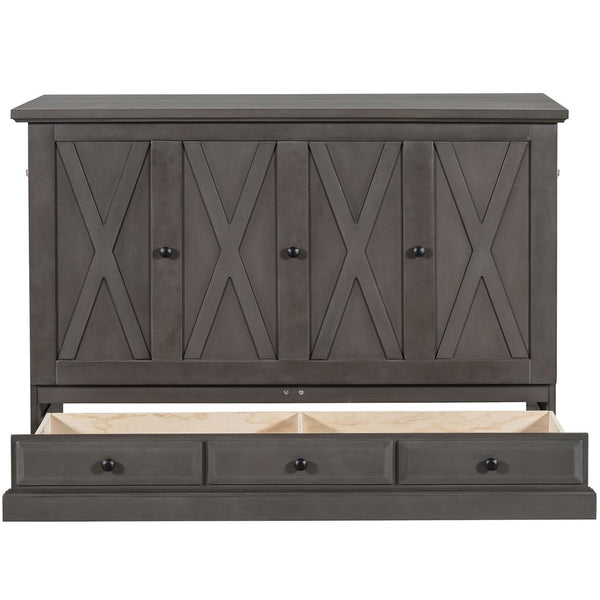 English Elm Farmhouse Pine Murphy Cabinet Bed with Charging Station and Rolling Storage Drawer BS701P362968E