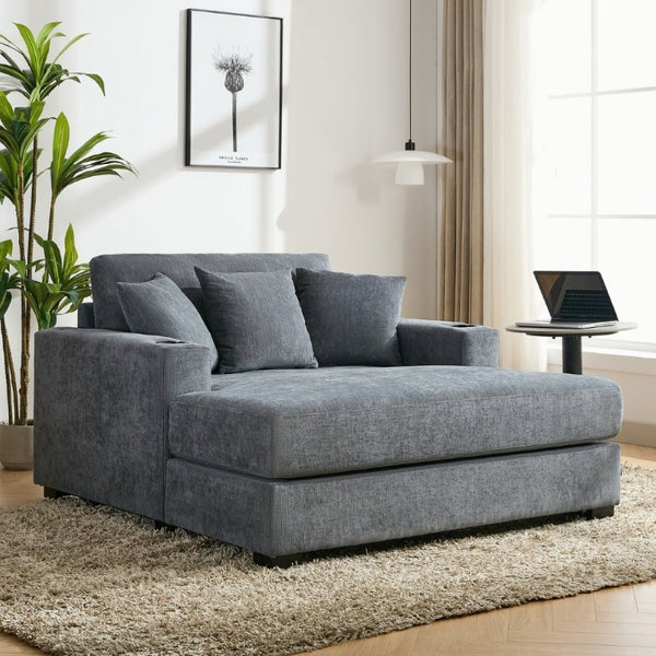 English Elm 55 Inch Oversized Chenille Chaise Lounge with Built-In Charging Ports and Cup Holders BS701P379403B