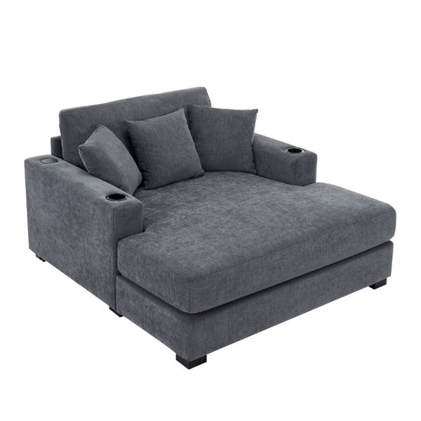 English Elm 55 Inch Oversized Chenille Chaise Lounge with Built-In Charging Ports and Cup Holders BS701P379403B