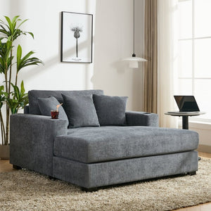 English Elm 55 Inch Oversized Chenille Chaise Lounge with Built-In Charging Ports and Cup Holders BS701P379403B