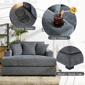 English Elm 55 Inch Oversized Chenille Chaise Lounge with Built-In Charging Ports and Cup Holders BS701P379403B