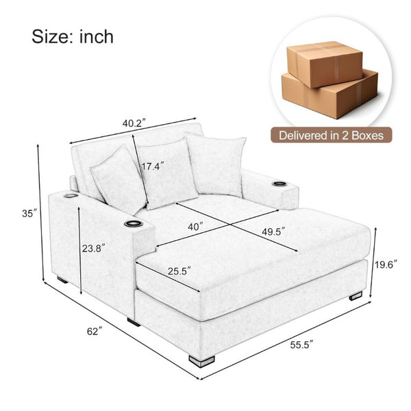English Elm 55 Inch Oversized Chenille Chaise Lounge with Built-In Charging Ports and Cup Holders BS701P379403B