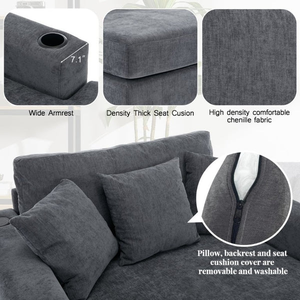 English Elm 55 Inch Oversized Chenille Chaise Lounge with Built-In Charging Ports and Cup Holders BS701P379403B