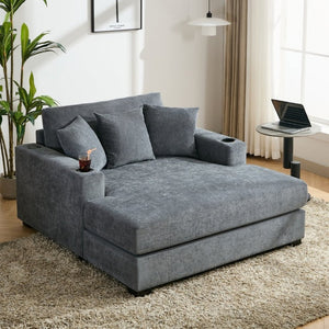 English Elm 55 Inch Oversized Chenille Chaise Lounge with Built-In Charging Ports and Cup Holders BS701P379403B