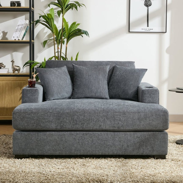 English Elm 55 Inch Oversized Chenille Chaise Lounge with Built-In Charging Ports and Cup Holders BS701P379403B