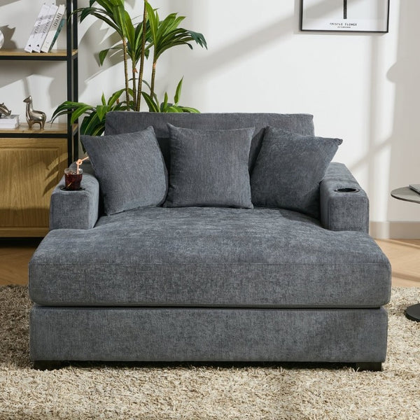 English Elm 55 Inch Oversized Chenille Chaise Lounge with Built-In Charging Ports and Cup Holders BS701P379403B