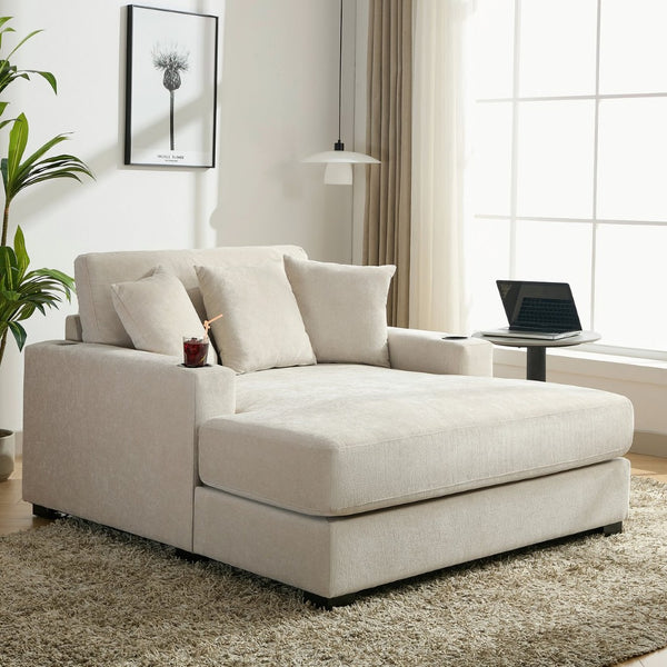 English Elm 55" Modern Chenille Chaise Sofa with Charging Ports Cup Holders and Plush Seat Cream BS701P379403C