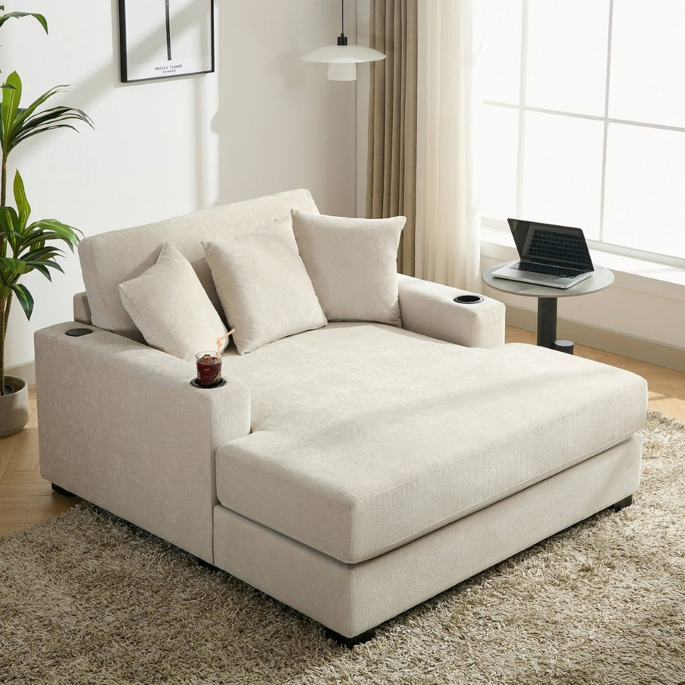 English Elm 55" Modern Chenille Chaise Sofa with Charging Ports Cup Holders and Plush Seat Cream BS701P379403C