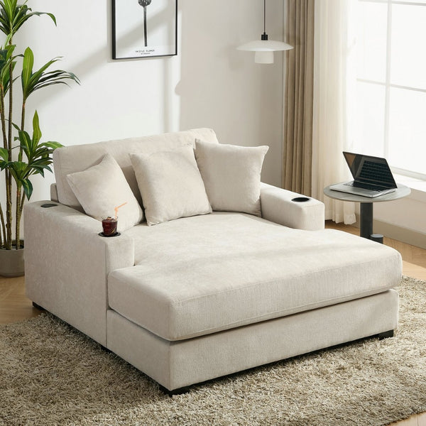 English Elm 55" Modern Chenille Chaise Sofa with Charging Ports Cup Holders and Plush Seat Cream BS701P379403C
