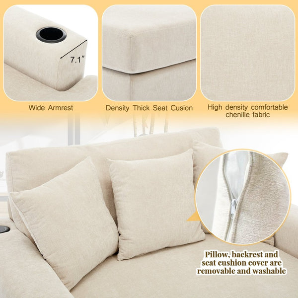 English Elm 55" Modern Chenille Chaise Sofa with Charging Ports Cup Holders and Plush Seat Cream BS701P379403C