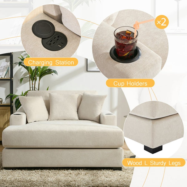 English Elm 55" Modern Chenille Chaise Sofa with Charging Ports Cup Holders and Plush Seat Cream BS701P379403C