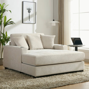 English Elm 55" Modern Chenille Chaise Sofa with Charging Ports Cup Holders and Plush Seat Cream BS701P379403C