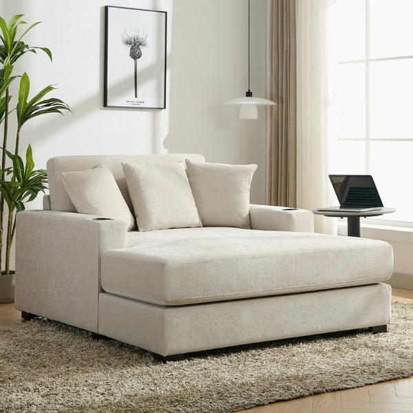 English Elm 55" Modern Chenille Chaise Sofa with Charging Ports Cup Holders and Plush Seat Cream BS701P379403C