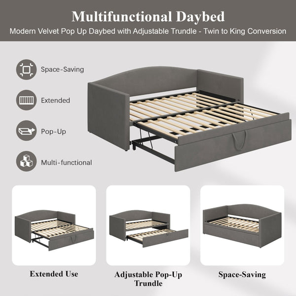 English Elm Twin Velvet Daybed with Pop up Trundle Expands to King for Guest Rooms and Studios Gray BS701P380137G