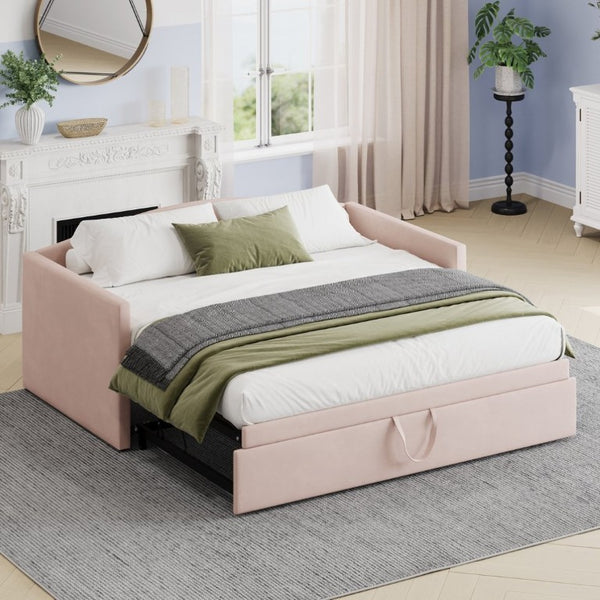 English Elm Twin Velvet Upholstered Daybed with Pop up Trundle Sofa Bed for Guest Rooms Pink BS701P380137I