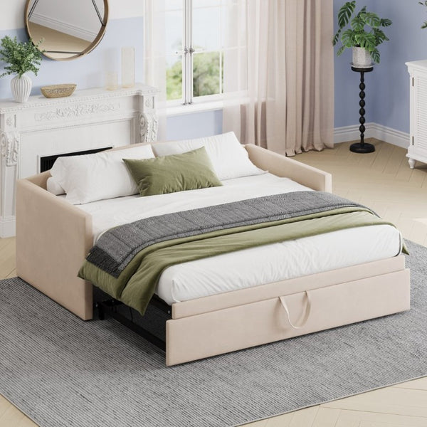 English Elm Twin Velvet Upholstered Daybed with Pop up Trundle Sofa Bed for Guest Rooms Beige BS701P380137K