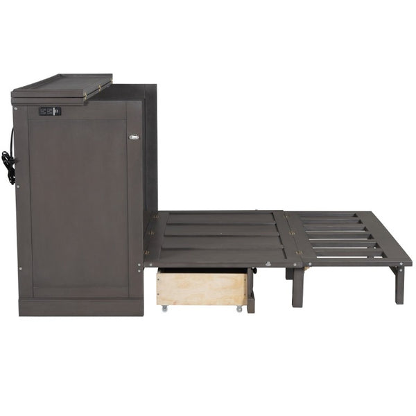 English Elm Farmhouse Pine Cabinet Murphy Bed with Charging Station and Hidden Full Size Sleeping BS701P385276E