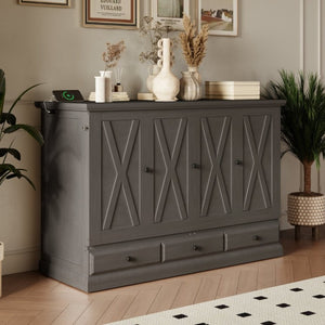 English Elm Farmhouse Pine Cabinet Murphy Bed with Charging Station and Hidden Full Size Sleeping BS701P385276E