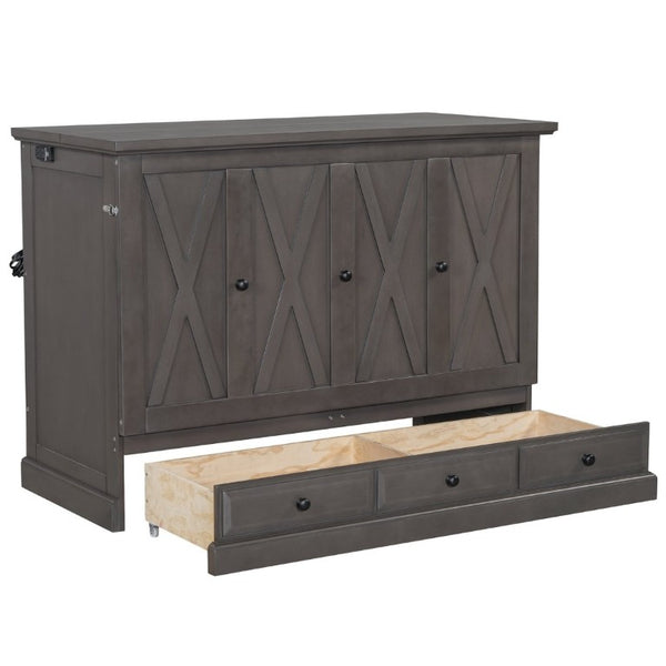 English Elm Farmhouse Pine Cabinet Murphy Bed with Charging Station and Hidden Full Size Sleeping BS701P385276E