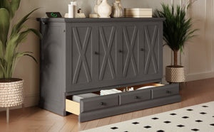 English Elm Farmhouse Pine Cabinet Murphy Bed with Charging Station and Hidden Full Size Sleeping BS701P385276E
