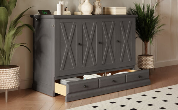 English Elm Farmhouse Pine Cabinet Murphy Bed with Charging Station and Hidden Full Size Sleeping BS701P385276E