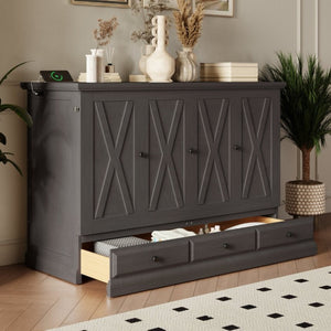 English Elm Farmhouse Pine Cabinet Murphy Bed with Charging Station and Hidden Full Size Sleeping BS701P385276E