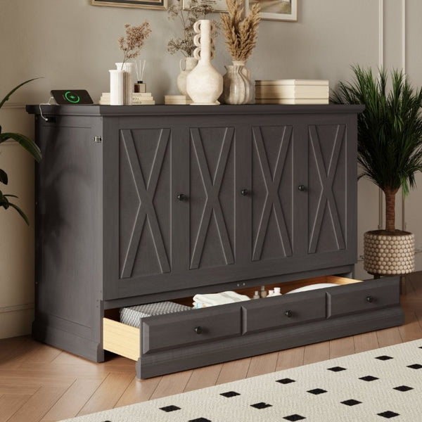 English Elm Farmhouse Pine Cabinet Murphy Bed with Charging Station and Hidden Full Size Sleeping BS701P385276E
