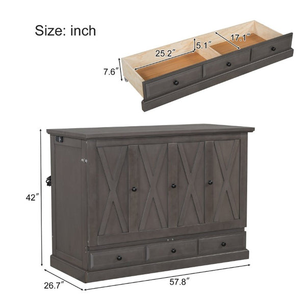 English Elm Farmhouse Pine Cabinet Murphy Bed with Charging Station and Hidden Full Size Sleeping BS701P385276E