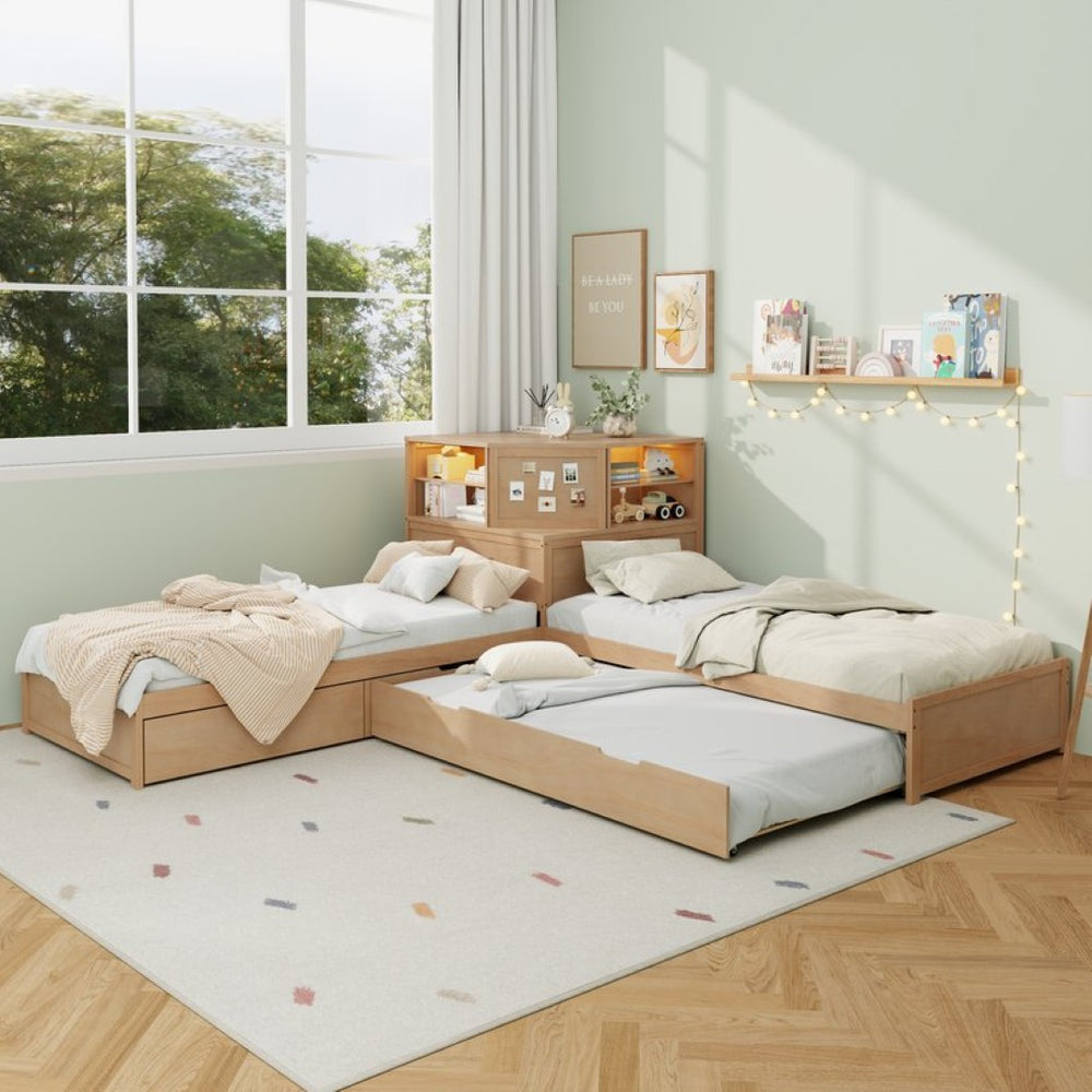 English Elm L-shaped Twin Platform Bed with Trundle Built-in Desk Storage Drawers and Led Lights Natural BS701P402533N