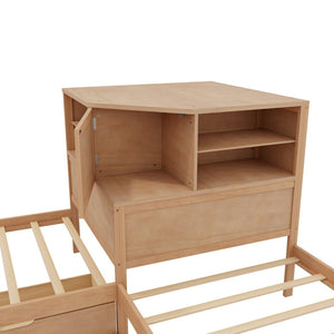 English Elm L-shaped Twin Platform Bed with Trundle Built-in Desk Storage Drawers and Led Lights Natural BS701P402533N