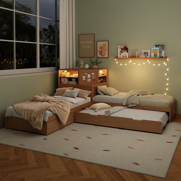 English Elm L-shaped Twin Platform Bed with Trundle Built-in Desk Storage Drawers and Led Lights Natural BS701P402533N