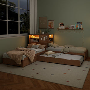 English Elm L-shaped Twin Platform Bed with Trundle Built-in Desk Storage Drawers and Led Lights Natural BS701P402533N