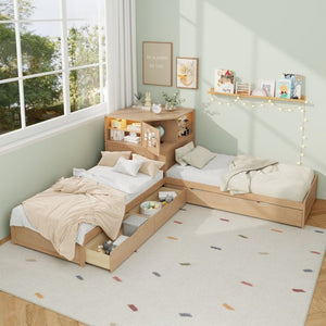 English Elm L-shaped Twin Platform Bed with Trundle Built-in Desk Storage Drawers and Led Lights Natural BS701P402533N