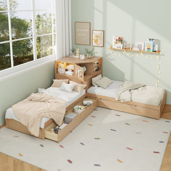 English Elm L-shaped Twin Platform Bed with Trundle Built-in Desk Storage Drawers and Led Lights Natural BS701P402533N