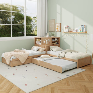 English Elm L-shaped Twin Platform Bed with Trundle Built-in Desk Storage Drawers and Led Lights Natural BS701P402533N