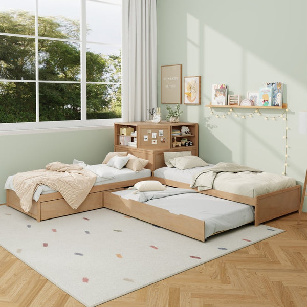 English Elm L-shaped Twin Platform Bed with Trundle Built-in Desk Storage Drawers and Led Lights Natural BS701P402533N