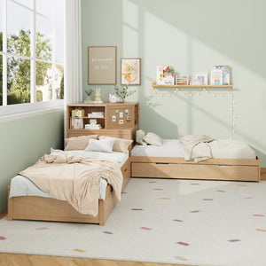 English Elm L-shaped Twin Platform Bed with Trundle Built-in Desk Storage Drawers and Led Lights Natural BS701P402533N