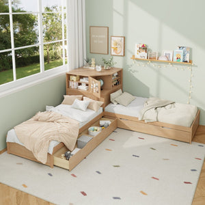 English Elm L-shaped Twin Platform Bed with Trundle Built-in Desk Storage Drawers and Led Lights Natural BS701P402533N
