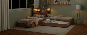 English Elm L-shaped Twin Platform Bed with Trundle Built-in Desk Storage Drawers and Led Lights Natural BS701P402533N