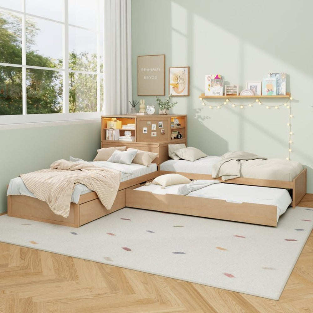English Elm L-shaped Twin Platform Bed with Trundle Built-in Desk Storage Drawers and Led Lights Natural BS701P402533N