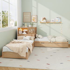 English Elm L-shaped Twin Platform Bed with Trundle Built-in Desk Storage Drawers and Led Lights Natural BS701P402533N