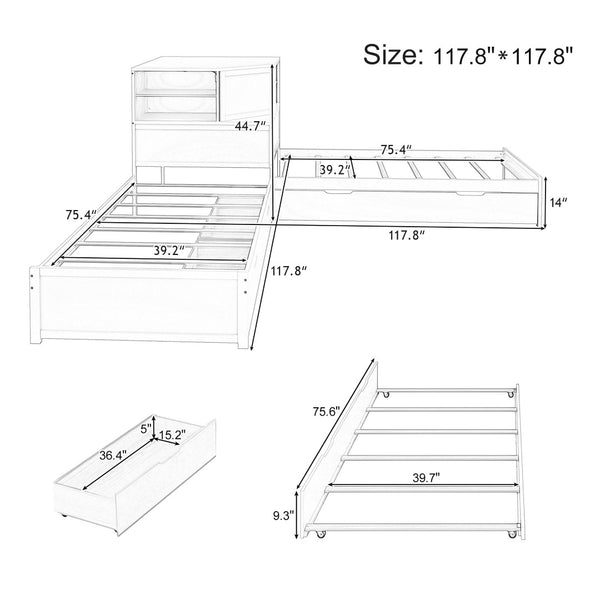 English Elm L-shaped Twin Platform Bed with Trundle Built-in Desk Storage Drawers and Led Lights Natural BS701P402533N