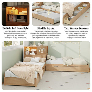 English Elm L-shaped Twin Platform Bed with Trundle Built-in Desk Storage Drawers and Led Lights Natural BS701P402533N