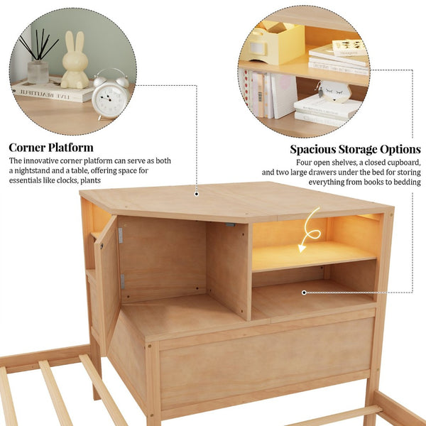 English Elm L-shaped Twin Platform Bed with Trundle Built-in Desk Storage Drawers and Led Lights Natural BS701P402533N