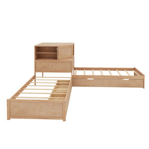 English Elm L-shaped Twin Platform Bed with Trundle Built-in Desk Storage Drawers and Led Lights Natural BS701P402533N