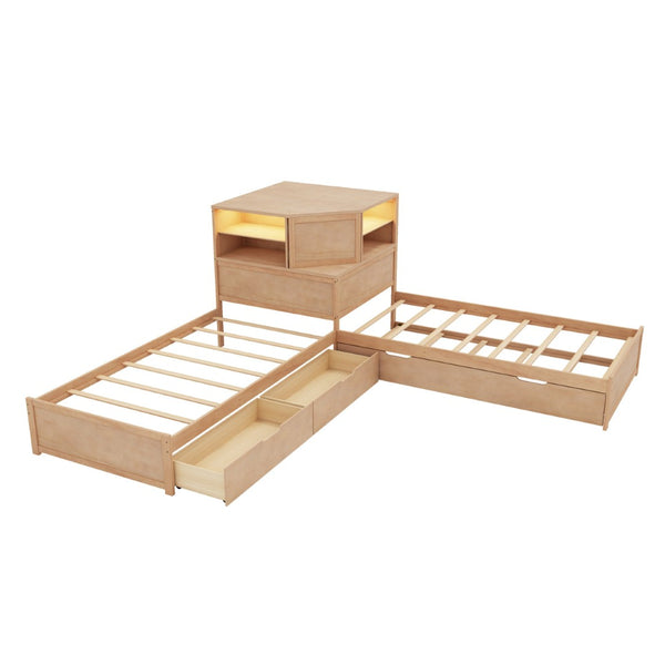 English Elm L-shaped Twin Platform Bed with Trundle Built-in Desk Storage Drawers and Led Lights Natural BS701P402533N